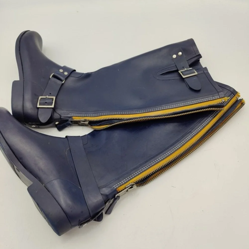 Steve Madden Womens Moto Equestrian Tall Rain Boot 10 Navy Tsunami Harness Zip